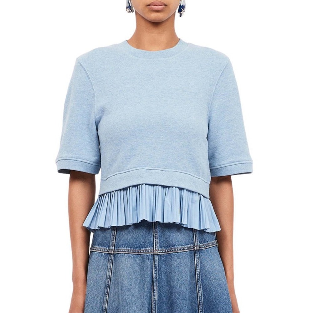 Ulla Johnson Harper Top Bluebelle Short Sleeve Sweatshirt Pleated Hem PS250806 S